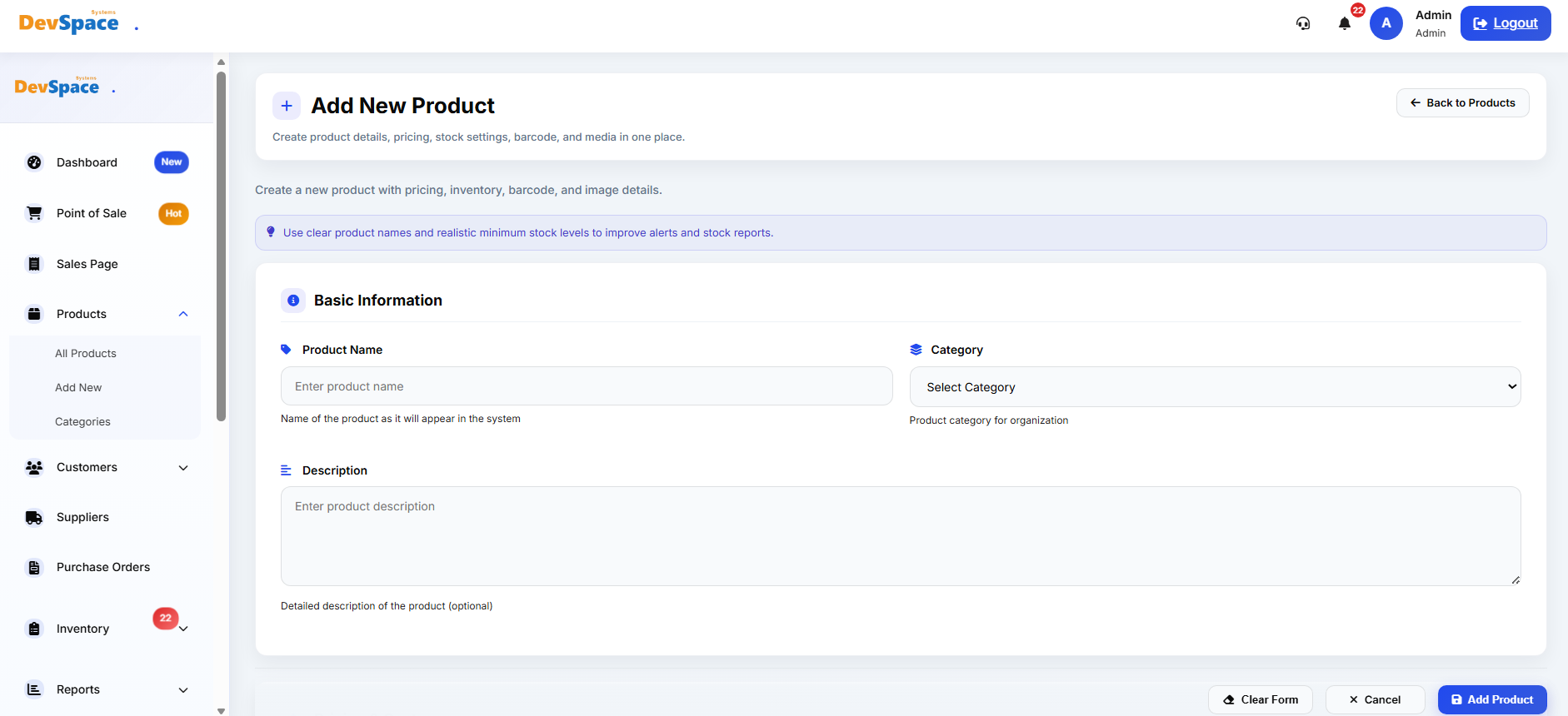 Add Product Form Interface