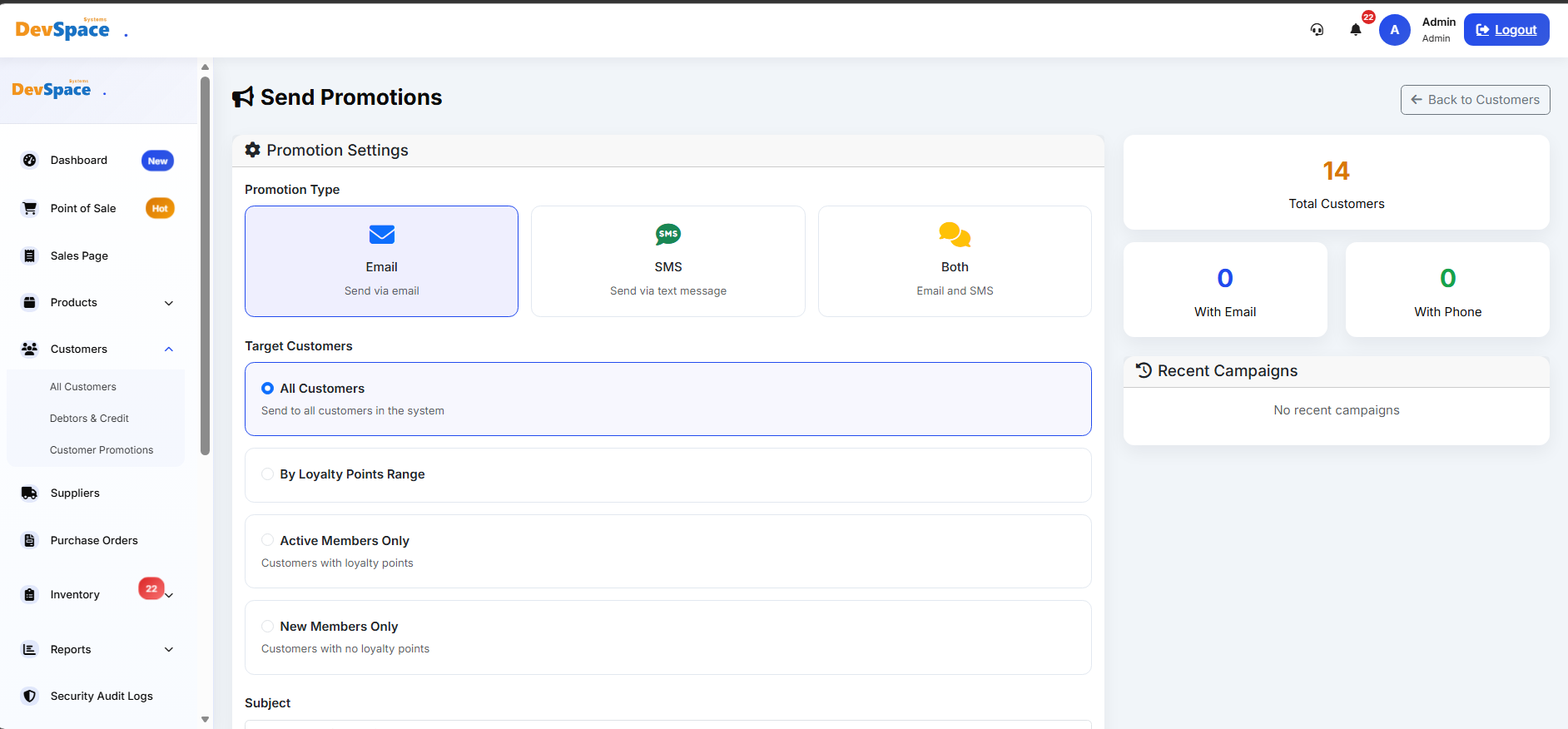 Customer SMS Campaigns Interface