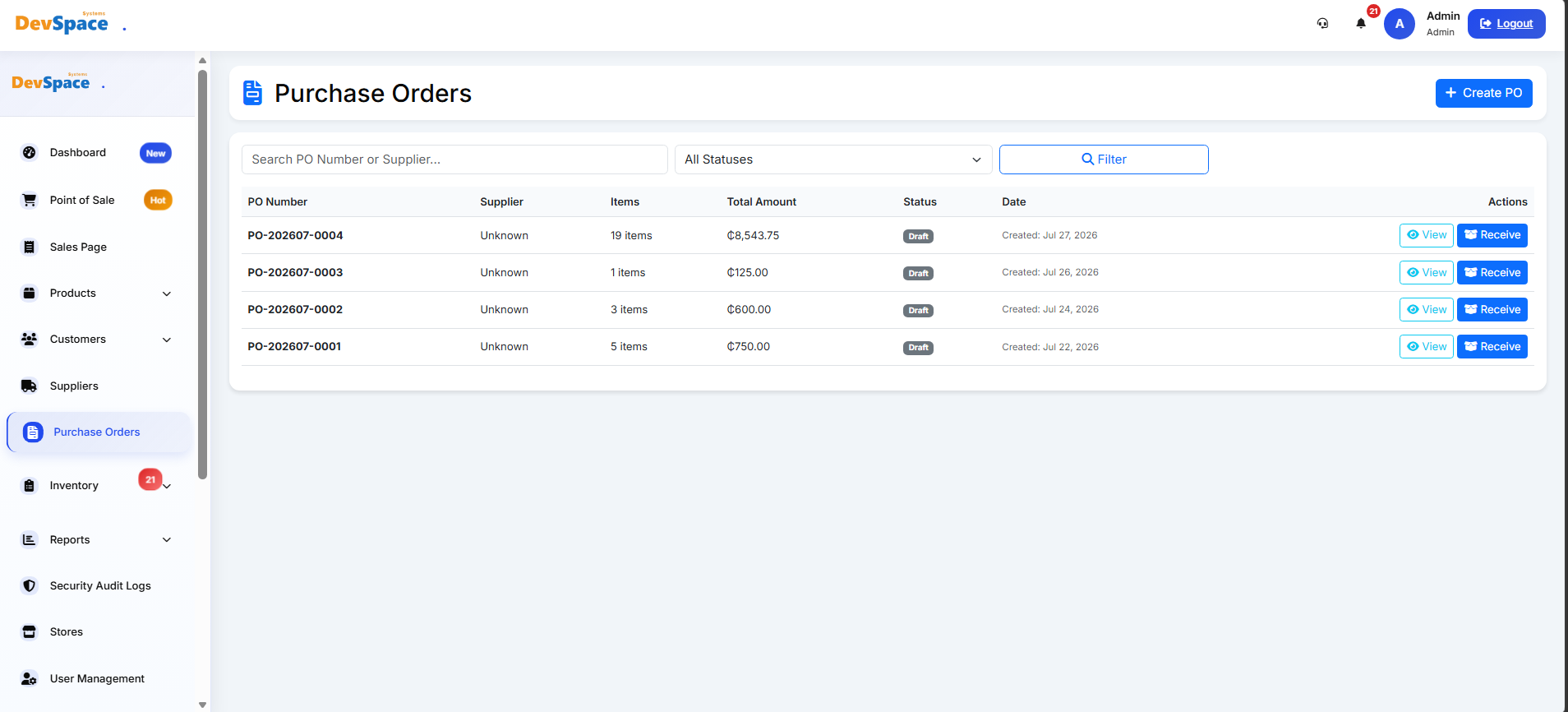 Supplier & Purchase Order Interface